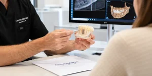 Implantes dentales en Barcelona para pacientes con poco hueso: dentista de Ortoimplants Premium explicando un tratamiento con planificación 3D